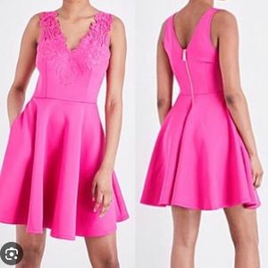 Ted Baker fuchsia/pink v neck dress with lace US SIZE 10, Ted size 4